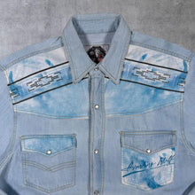Load image into Gallery viewer, Vintage Hunting Wolf Cowboy Western Blue Denim Long Sleeve Popper Shirt
