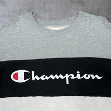 Load image into Gallery viewer, Champion Mens Sweatshirt M Grey Black White Colour Block Script Logo Crewneck
