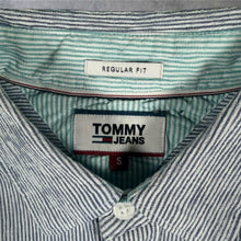 Load image into Gallery viewer, Tommy Jeans Hilfiger Mens Shirt S Blue White Pinstripe Regular Fit Flag Logo Long Sleeve
