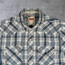 Load image into Gallery viewer, Levis Mens Western Shirt M Grey Plaid Check Pearl Snap Cowboy Modern Fit
