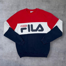 Load image into Gallery viewer, FILA Heritage Sweatshirt Red White Navy Big Logo Colour Block Crewneck Retro
