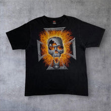 Load image into Gallery viewer, Vintage Hero Buff Gothic Horror Flaming Skull Cross Graphic T-Shirt
