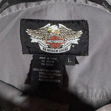 Load image into Gallery viewer, Harley Davidson MotorClothes Mechanic Shirt Mens L Grey Black Flame Embroidered

