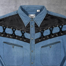 Load image into Gallery viewer, Vintage Jacques Lorant Cowboy Western Black Lace Panel Blue Denim Long Sleeve Shirt
