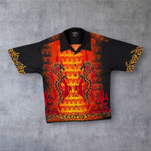 Load image into Gallery viewer, Early 00's Dognose Goth Y2K Tribal Dragon Flame Graphic Black Red Polyester Shirt
