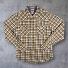 Load image into Gallery viewer, Levis Western Shirt Mens M Green Tan Check Plaid Flannel Pearl Snap Slim Fit
