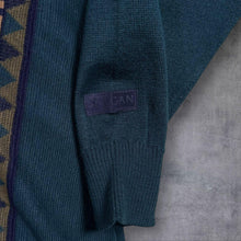 Load image into Gallery viewer, Vintage Pierre Sangan Wool Blend Geometric V Neck Jumper Teal 80s 90s Large
