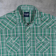 Load image into Gallery viewer, Vintage Wrangler "Western Shirts" Green Plaid Check Cowboy Popper Short Sleeve Shirt

