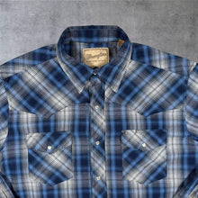 Load image into Gallery viewer, Vintage Wrangler Western Cowboy Blue White Check Long Sleeve Popper Shirt
