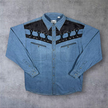 Load image into Gallery viewer, Vintage Jacques Lorant Cowboy Western Black Lace Panel Blue Denim Long Sleeve Shirt
