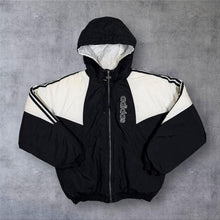 Load image into Gallery viewer, Vintage 90s Adidas Puffer Jacket Mens M Black White Trefoil Hooded Spellout
