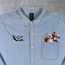 Load image into Gallery viewer, Vintage Warner Bros. Looney Tunes Embroidered Blue Denim Long Sleeve Cotton Shirt
