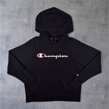 Load image into Gallery viewer, Champion Classic Logo Spellout Graphic Black Pullover Hoodie
