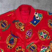 Load image into Gallery viewer, Vintage 90s Red Satin Style Bomber Jacket Baroque Heraldic Crest Print M L
