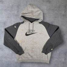 Load image into Gallery viewer, Early 00's Nike Embroidered Big Logo Spellout Colour Block Distressed Grey Hoodie
