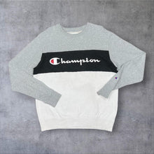 Load image into Gallery viewer, Champion Mens Sweatshirt M Grey Black White Colour Block Script Logo Crewneck
