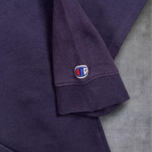 Load image into Gallery viewer, Champion Classic Logo Spellout Graphic Faded Navy Blue Hoodie
