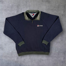 Load image into Gallery viewer, Vintage 90s Tommy Hilfiger Quarter Zip Sweatshirt XL Navy Green Striped Collar
