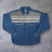 Load image into Gallery viewer, Vintage Canda C&amp;A Cowboy Western Aztec Panel Blue Denim Long Sleeve Shirt
