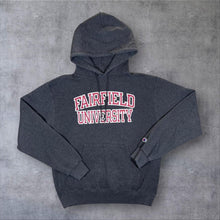 Load image into Gallery viewer, Champion Fairfield University College Spellout Graphic Grey Pullover Hoodie
