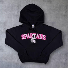 Load image into Gallery viewer, Jerzees "Spartans" Pink College Sports Spellout Graphic Black Hoodie
