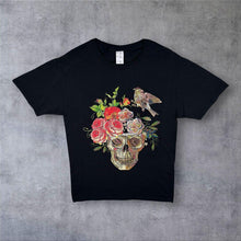 Load image into Gallery viewer, Goth Floral Bird Skull Wildlife Graphic Black Cotton Short Sleeve T-Shirt
