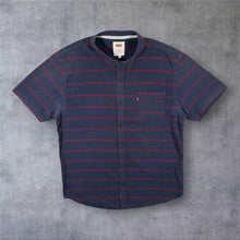 Load image into Gallery viewer, Levi's Red Tab Navy Blue Burgundy Striped Short Sleeve Button-Down Shirt
