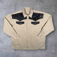 Load image into Gallery viewer, Vintage Cowboy Western Faux Leather Black Panel Cream Popper Long Sleeve Shirt
