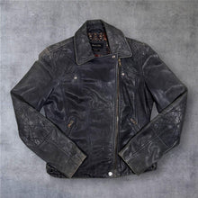 Load image into Gallery viewer, Massimo Dutti Leather Biker Jacket Distressed Black Quilted Moto Y2K
