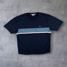 Load image into Gallery viewer, Vintage Y2K Nike T Shirt Navy Blue Colour Block Mesh Polyester Mini Swoosh 2000s
