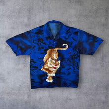 Load image into Gallery viewer, Early 00's Tiger Animal Wildlife Patterned Graphic Blue Short Sleeve Shirt
