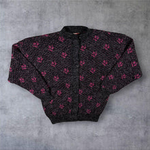 Load image into Gallery viewer, Vintage 80s Hi-Style Floral Rose Cardigan UK 14 Pink Black Granny Knit
