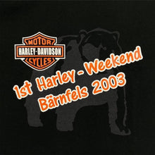Load image into Gallery viewer, Vintage 1st Harley - Weekend 2003 Biker Souvenir Graphic Black T-Shirt
