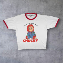 Load image into Gallery viewer, Universal "Chucky" Cult Horror Movie Graphic White Red Cotton Ringer T-Shirt
