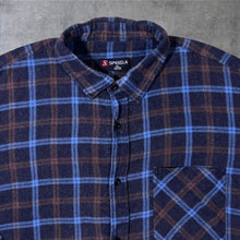 Load image into Gallery viewer, Vintage Speed.A Navy Blue Brown Plaid Check Cotton Long Sleeve Flannel Shirt
