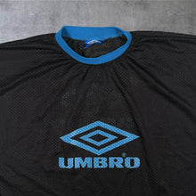 Load image into Gallery viewer, Early 00's Umbro Big Logo Spellout Graphic Black Blue Mesh Sports T-Shirt

