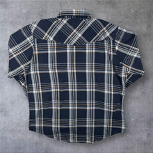 Load image into Gallery viewer, Vintage Plains "Tall Man" Western Cowboy Navy Blue Multi Check Long Sleeve Popper Shirt
