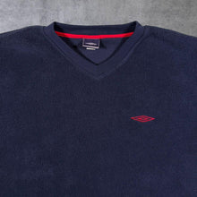 Load image into Gallery viewer, Early 00's Umbro Classic Embroidered Mini Logo Navy Blue Fleece V-Neck Sweatshirt
