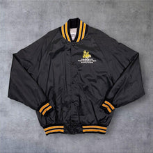 Load image into Gallery viewer, Vintage DeLong "Hawkeye Refrigerator Services" USA Black Nylon Varsity Bomber Jacket
