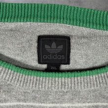 Load image into Gallery viewer, Early 00's Adidas Originals Embroidered Mini Trefoil Logo Grey Green Striped Jumper

