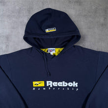 Load image into Gallery viewer, Vintage 90s Reebok Membership Hoodie Mens Large Navy Embroidered Spellout L
