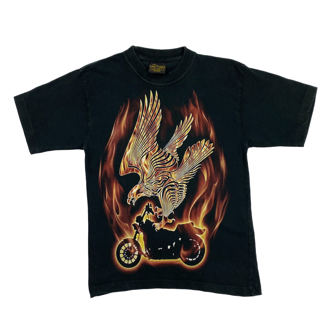 PLANET EARTH Tribal Biker Eagle Flaming Graphic T-Shirt