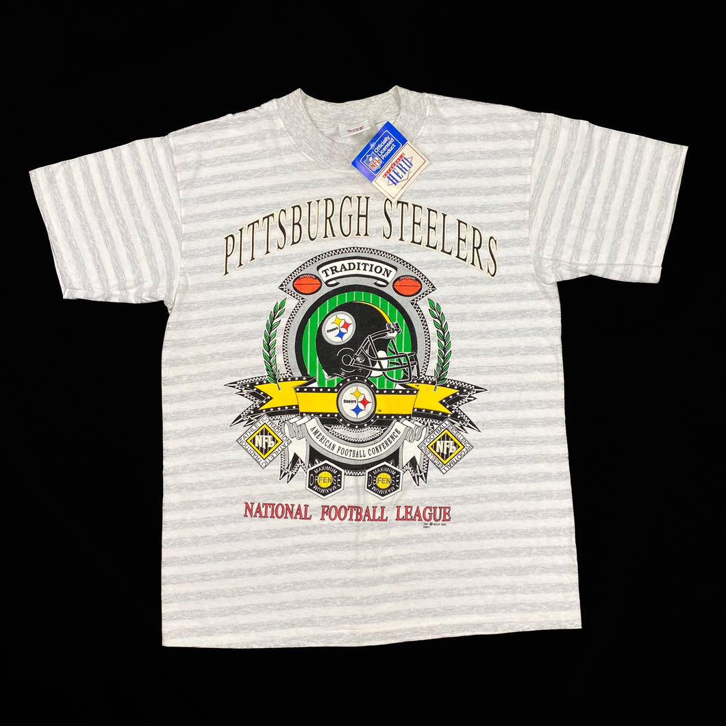 NFL (1992) PITTSBURGH STEELERS Football Spellout Graphic Single Stitch Striped T-Shirt