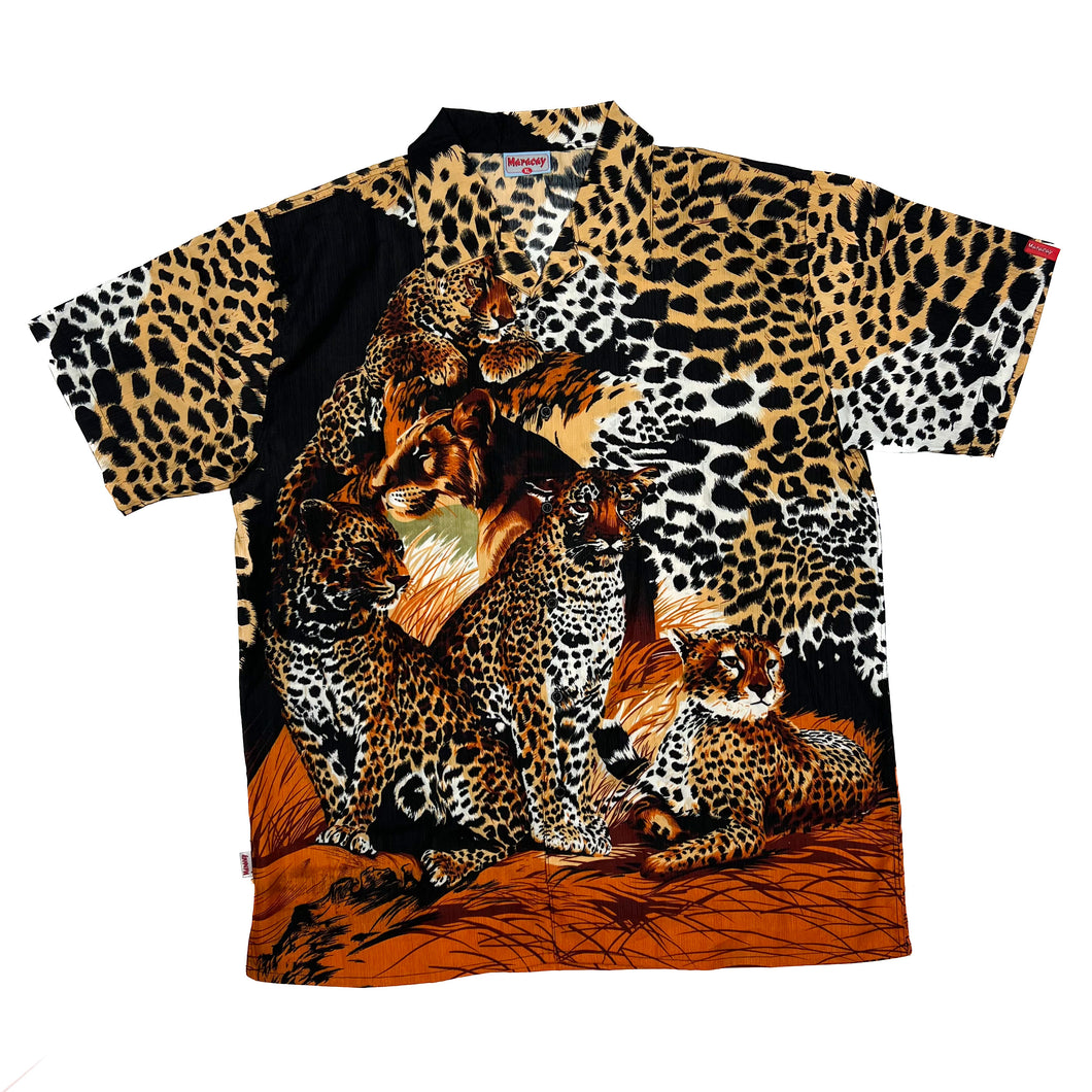 Vintage MARACAY Cheetah Big Cat Animal All-Over Print Open Collar Polyester Shirt