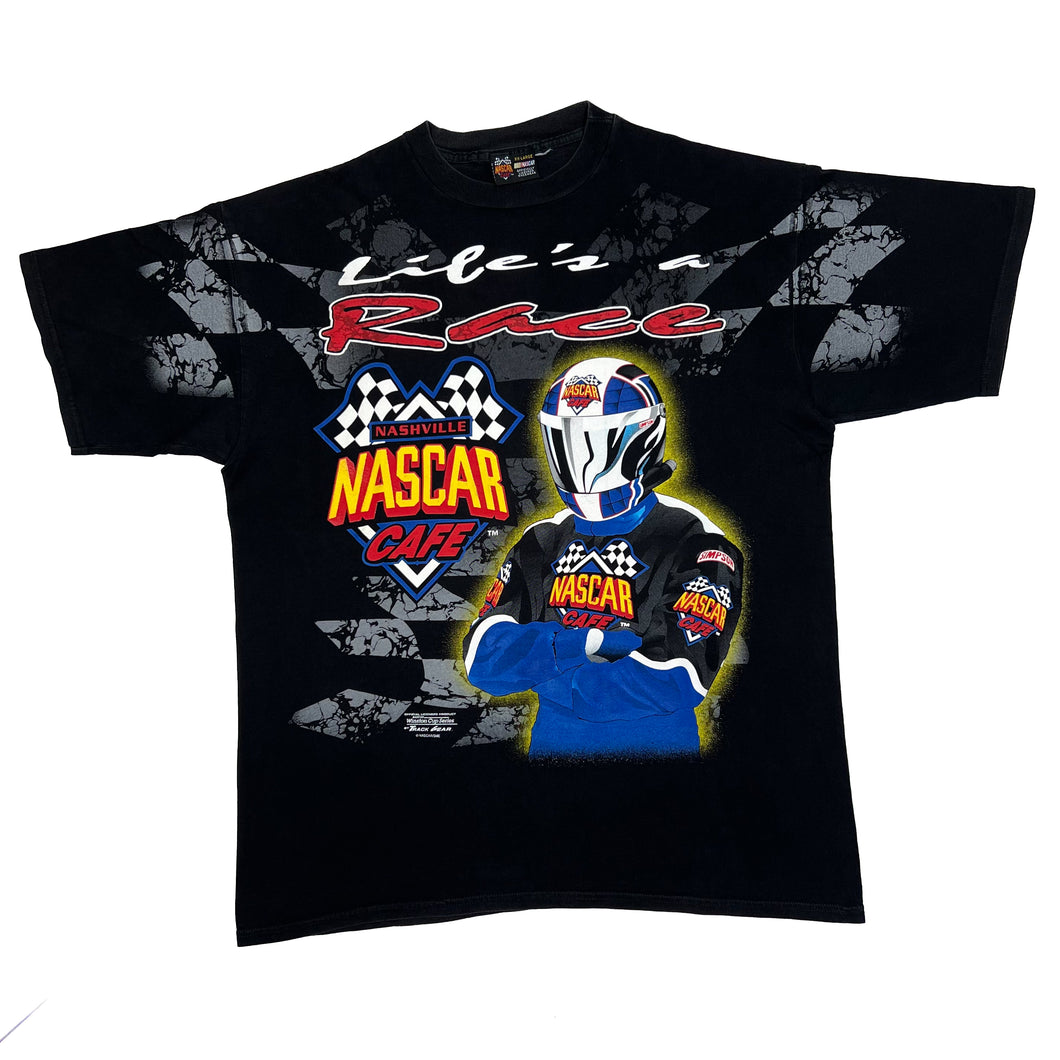 NASCAR CAFE “Nashville” Life’s A Race Motorsports All-Over Print Spellout Graphic T-Shirt