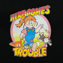 Load image into Gallery viewer, HERE COMES TROUBLE Novelty Cartoon Spellout Graphic T-Shirt
