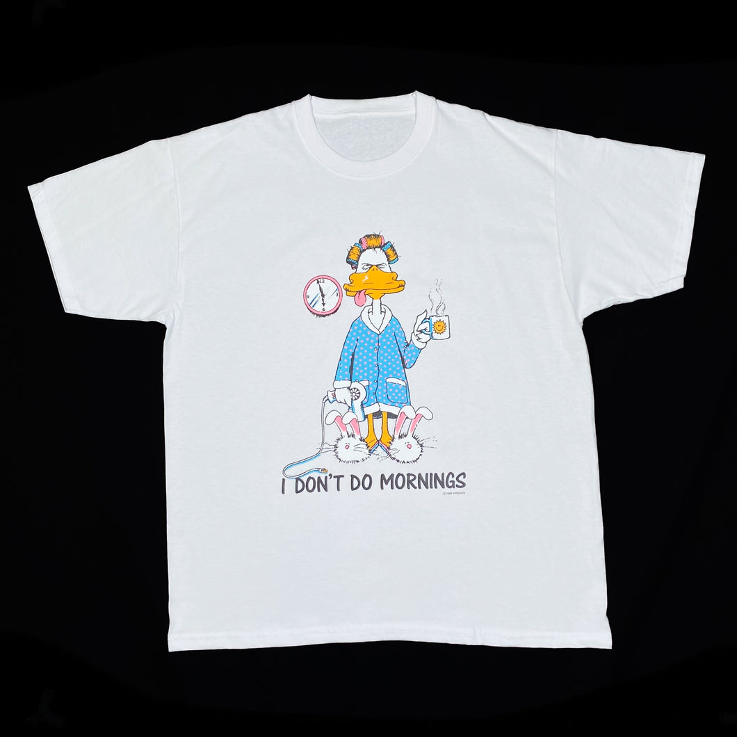 I DON’T DO MORNINGS (1988) Novelty Souvenir Duck Cartoon Spellout Graphic T-Shirt