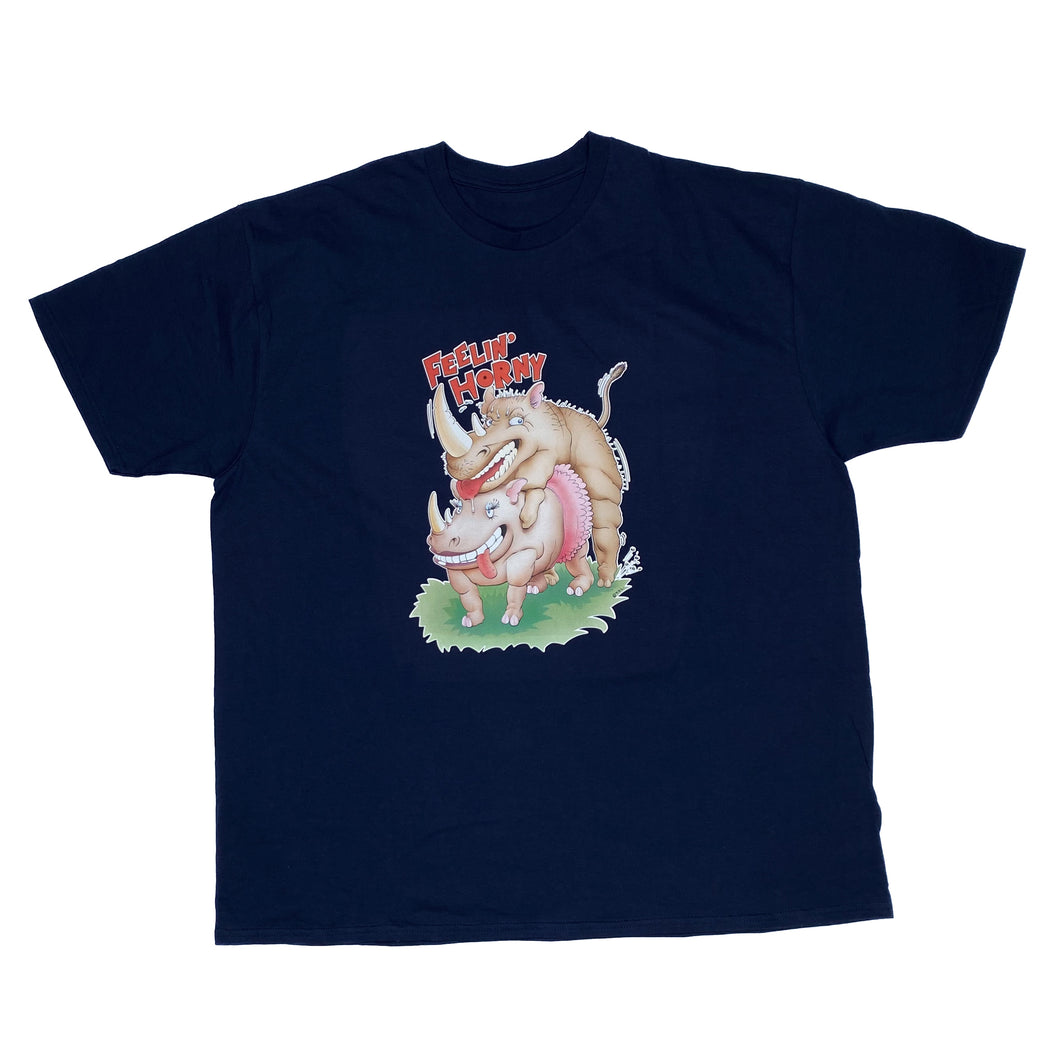 FEELIN’ HORNY Novelty Rhino Cartoon Spellout Graphic T-Shirt