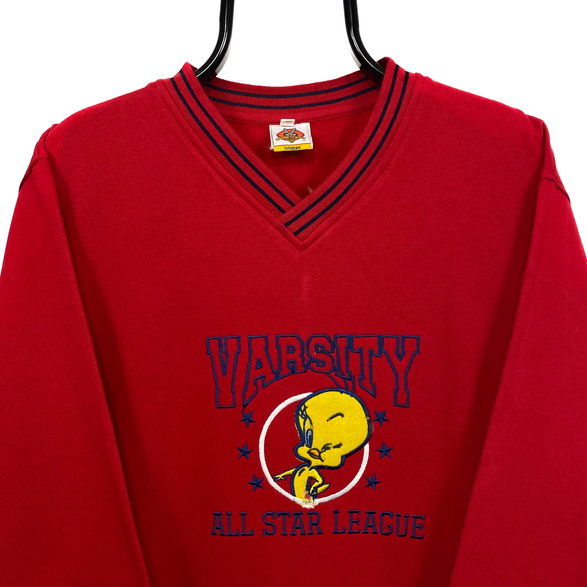 LOONEY All – Embroidered (2001) V-Nec Tweety VTG TUNES “Varsity Star League” George Worgan
