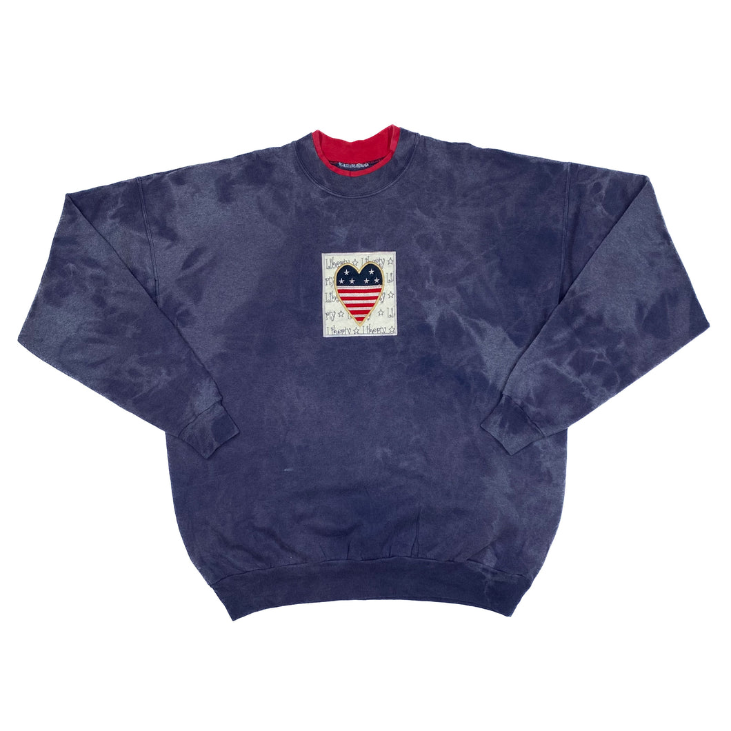 LIBERTY Embroidered USA Heart Flag Patch Bleach Tie Dye Crewneck Sweatshirt
